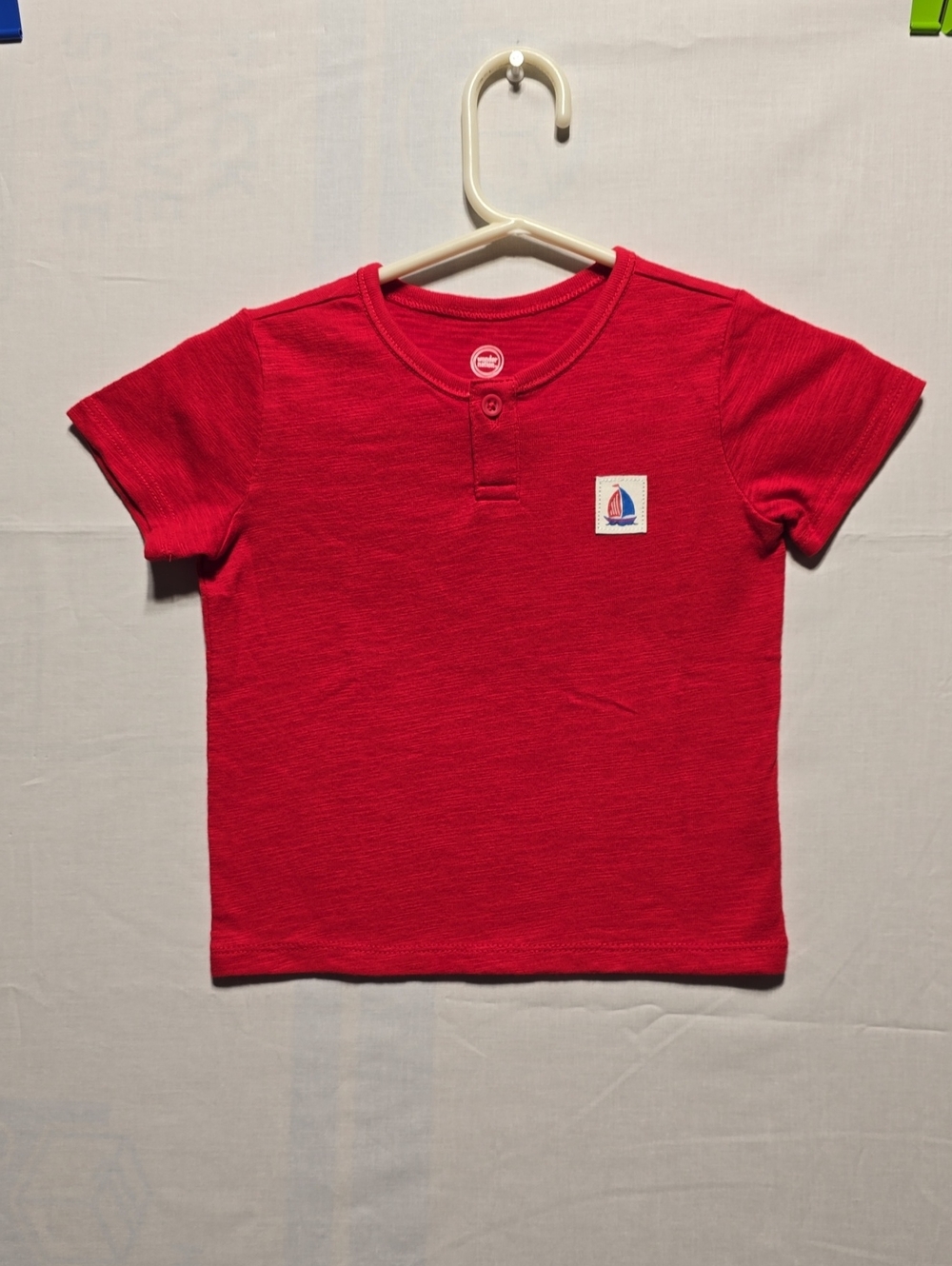 Wonder Nation - TEE, Red Short-Sleeve Henley Tee with Sailboat Patch